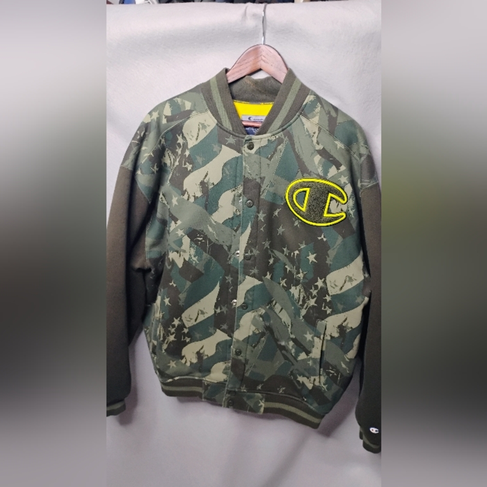 Champion Varsity Jacket Yellow Lined Camouflage Spellout Size XL Pre-owned